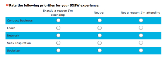 Screenshot of a survey asking to rate the following priorities for your SXSW experience.