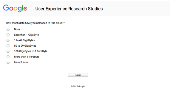 Screenshot of a survey asking how much data you’ve uploaded to “the cloud”.