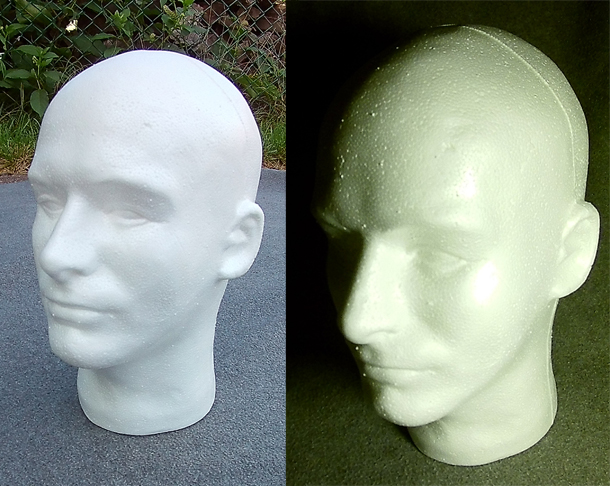 Photograph showing two colors of white light on a styrofoam head