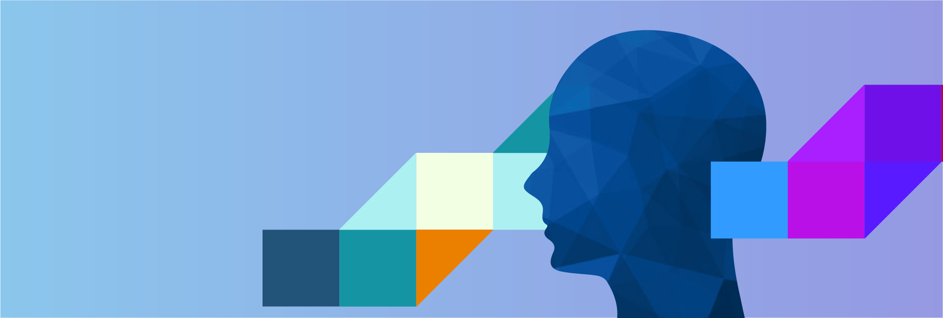 An abstract person is seen in profile while colorful blocks are shown emerging from their face