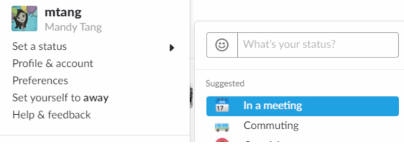 screenshot of setting a status in the Slack chat program.