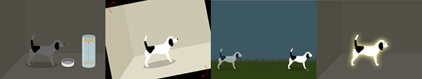 Four panels showing different types of interaction prompts: one with a dog and a bowl, next to an animation of a bone sliding up a container to prompt children to do that motion; one with a dog tilted onscreen to prompt children to shake the screen; one with a shadowed dog pointing toward a solid dog to prompt children to swipe across the screen; and the last, with a dog with a glowing outline to prompt children to tap the dog.