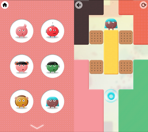 (left) Thinkrolls application screenshot showing six round targets with different “monsters” inside them. (right) Thinkrolls application screenshot showing a monster in a maze with simple graphics and large target areas.