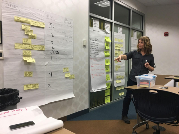 Woman standing at a wall of sticky notes.