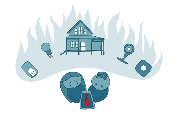 A couple imagining their house burning down after seeing a troubling icon in their IoT app.