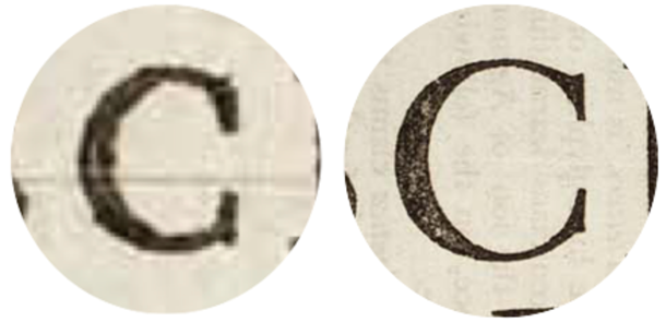 image showing the difference in physical stroke weight between 6pt and 72pt Garamond from the early 18th century.