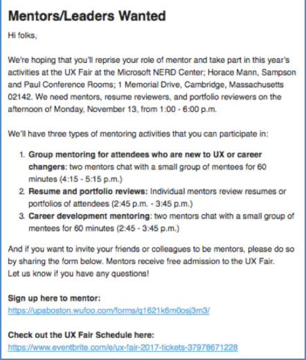 An email asking people to sign up to be mentors.