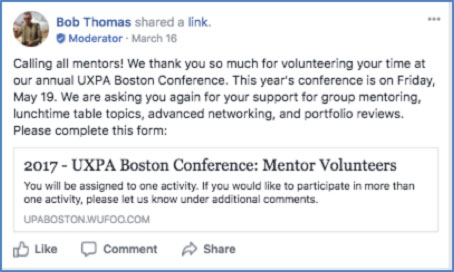 A Facebook post asking for mentors to volunteer.
