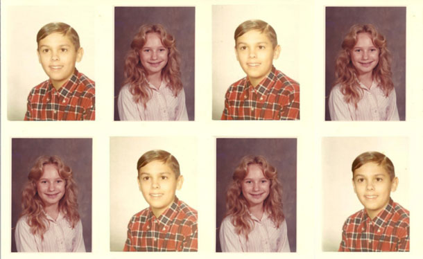 A series of eight photos of the same two children; two separate photos copied to make eight.