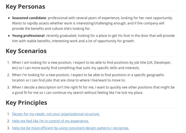 A screenshot of an example experience brief, showing the updated personas, job stories, and design principles.