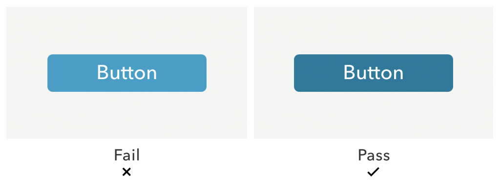 Two blue buttons with white text. The lighter blue button (left) fails WCAG requirements because there is not enough contrast between the white text and blue background. The darker blue button (right) passes the requirements because it has higher contrast. 