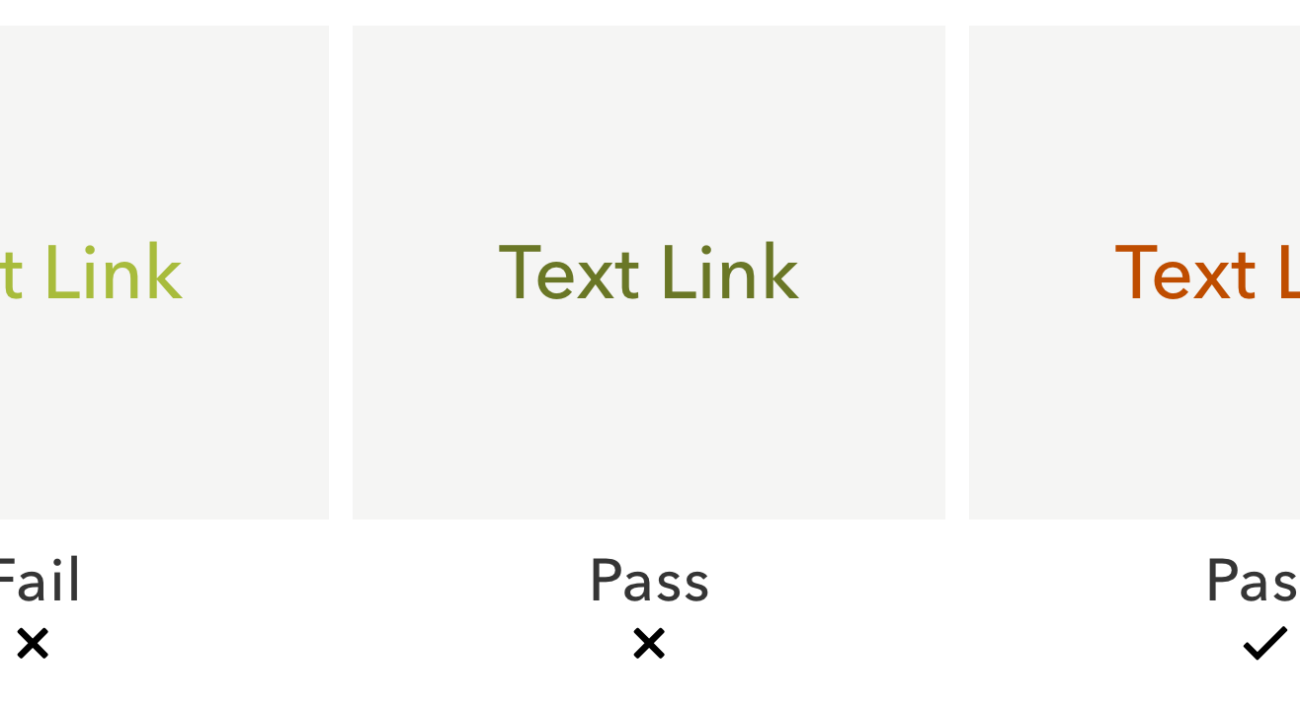 Three examples of link text shown in different colors. The first two fail accessibility contrast guidelines and the last one passes.