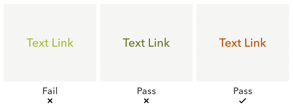 Three examples of link text shown in different colors. The first two fail accessibility contrast guidelines and the last one passes. 