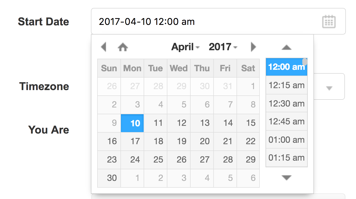 One-month calendar with list of times showing for chosen date.