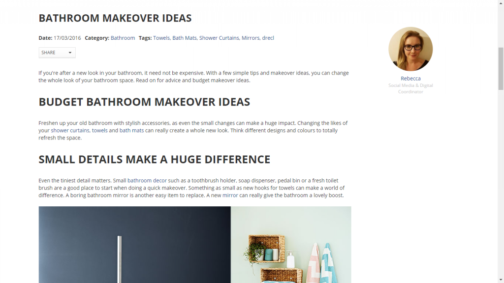 Screenshot of Jysk blog post with information on "budget bathroom makeover ideas" and "small details make a huge difference."