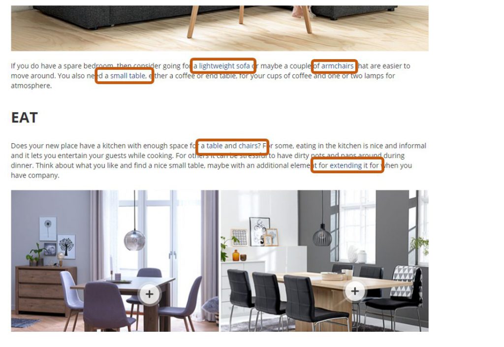 Specific words are highlighted to show that they are links to product pages. For example, "table and chairs" and "lightweight sofas" are highlighted links.