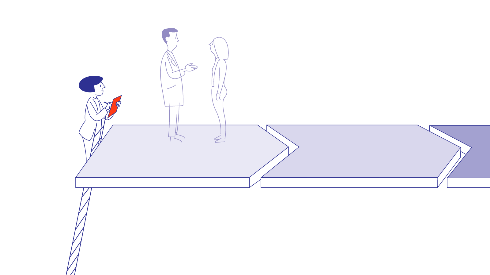 A depiction of a woman standing on a ladder with a clipboard taking notes as she observes a doctor and a patient having a conversation. The doctor and patient are standing on an arrow-shaped platform showing process movement.