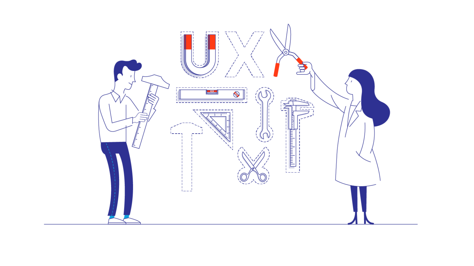 Two researchers place various physical tools near "UX"