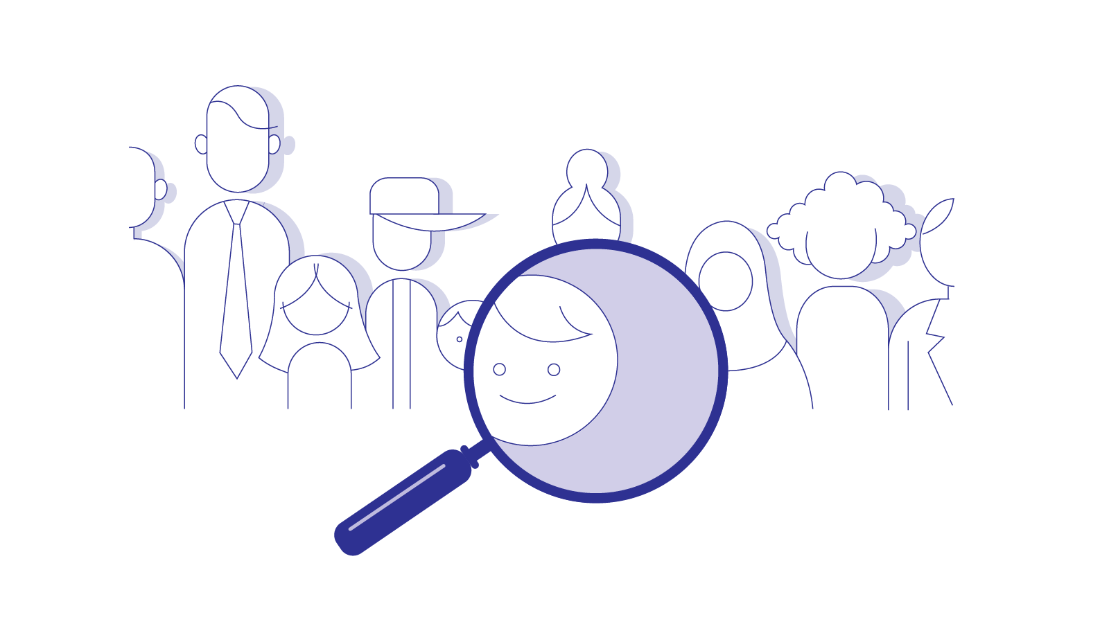 A magnifying glass reveals the face of a single individual among a crowd of many faces.