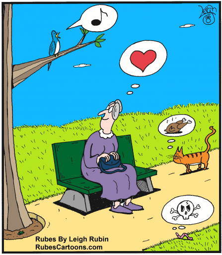 Cartoon showing a lady sitting on a bench and enjoying a bird's song; cat thinking of the bird as food; and worm thinking of the bird as danger.