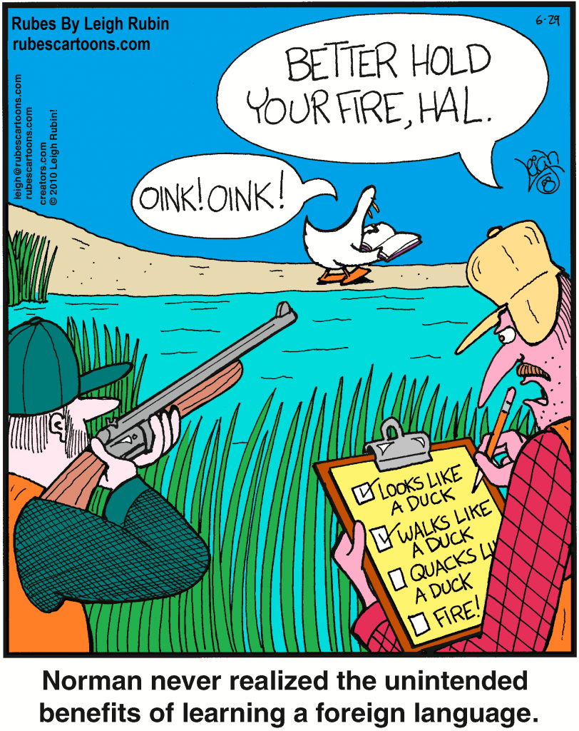 Cartoon with two hunters looking at a duck. One is about to shoot at it, the other one has a checklist saying "Looks like a duck, walks like a duck, quacks like a duck, Shoot! At this time the duck reads from a book "Oink oink"