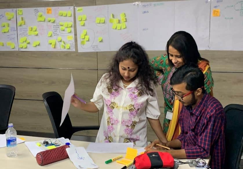 Photo of a group of people in a discussion. There is a written plan with lots of notes attached to the wall behind them.