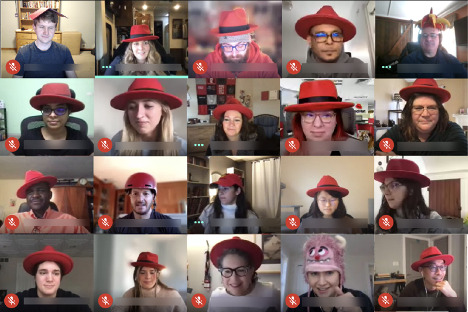 Screenshot of a remote video call including 20 Red Hatters, or people in red hats.
