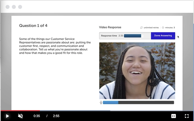 Screenshot of a HireVue promotional video that demonstrates their video interview display