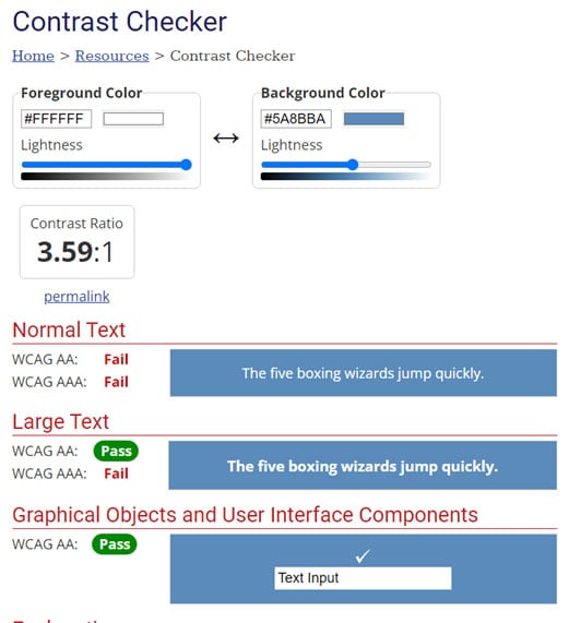 The Web Accessibility in Mind (WebAIM) Contrast Checker generates and visualizes contrast ratio.