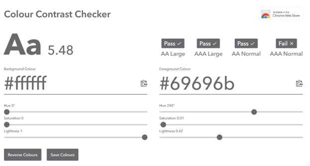 Online color contrast checker: Normal and large text are indicated as pass or fail according to success criteria (https://colourcontrast.cc/).