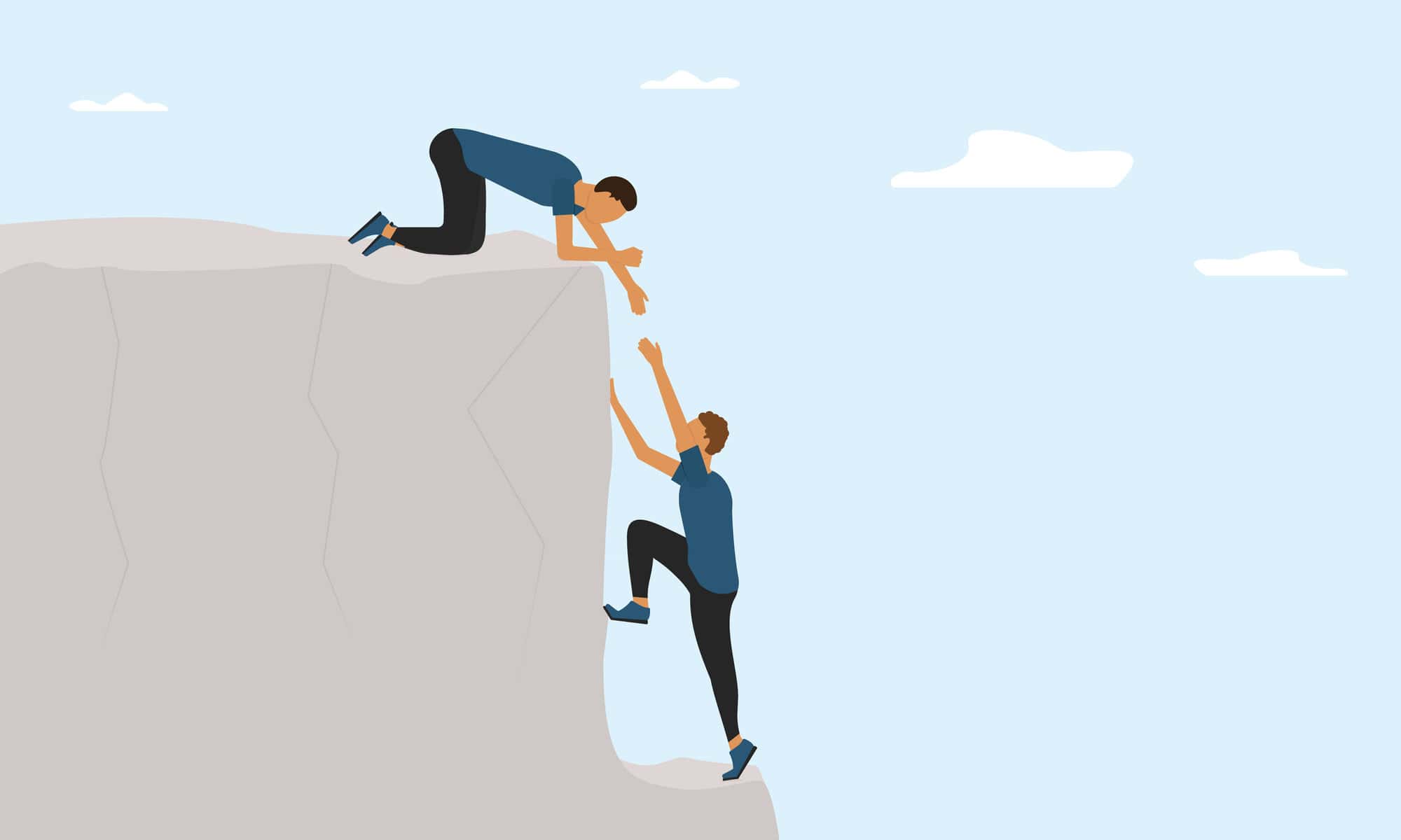Man extends a helping hand to a friend on the edge of a cliff. The concept of helping those in need, support and cooperation. Concept. Vector illustration.