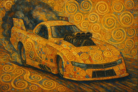 Prompt: “Make me a nitro funny car in the style of Gustav Klimt” (generated with Microsoft Copilot).