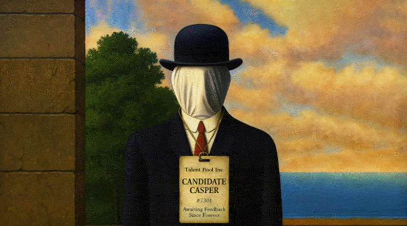 A suited figure, the Ghost Applicant, with their face draped in cloth and a corporate name tag (generated with ChatGPT).